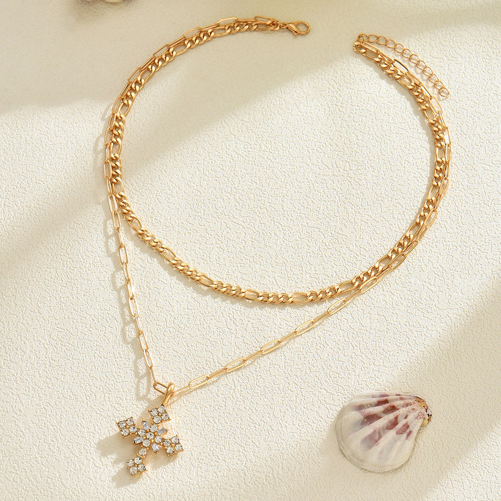 Wholesale necklace accessories: cross pendant with full diamond setting, versatile layering sweater necklace for women - cross-border luxury style