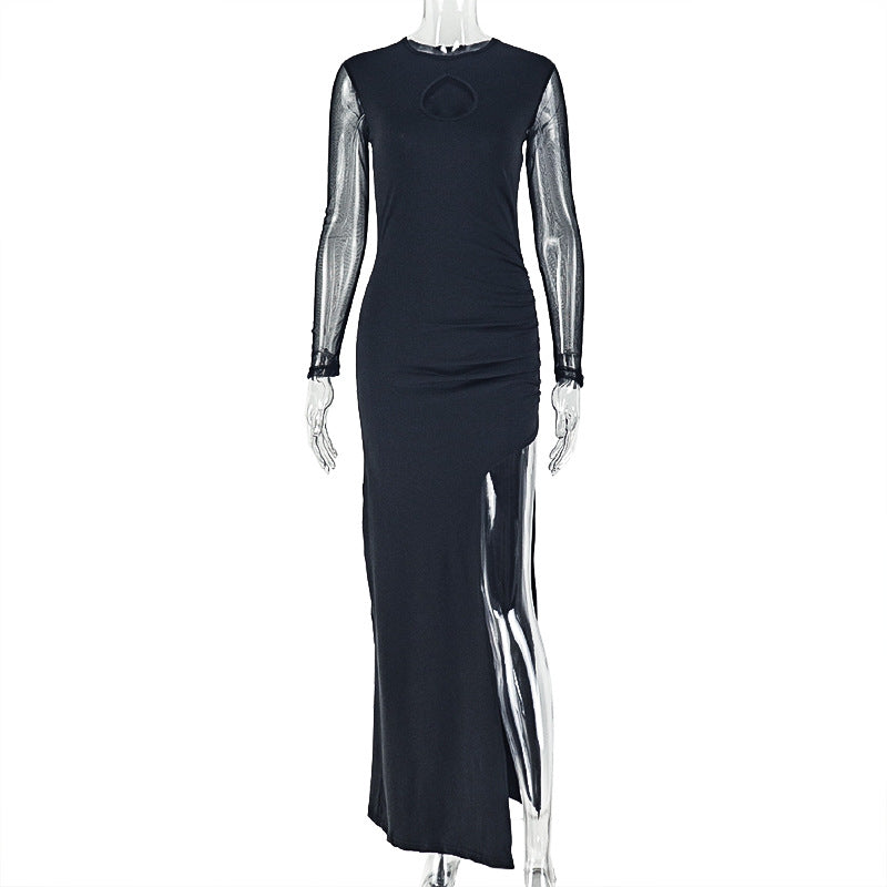 Fashion styleexportnew arrival silm women's slit pure color slightly see-through hip skirt round neck design long sleeves trendy dress