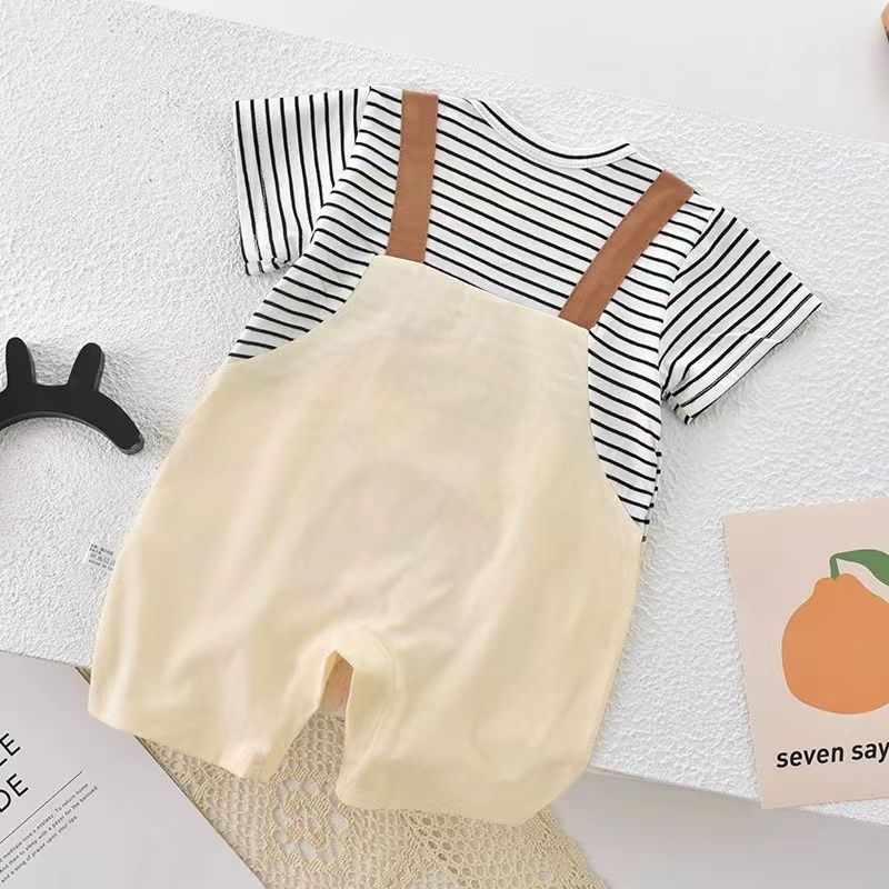 Baby short-sleeve romper with mock straps - lightweight summer outfit for newborn boys and girls