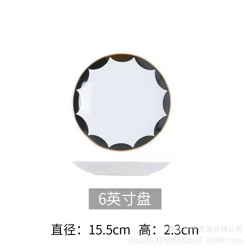 Minimalist nordic gold-trimmed western dinner plate creative tableware ceramic model room club steak plate black and white geometric set