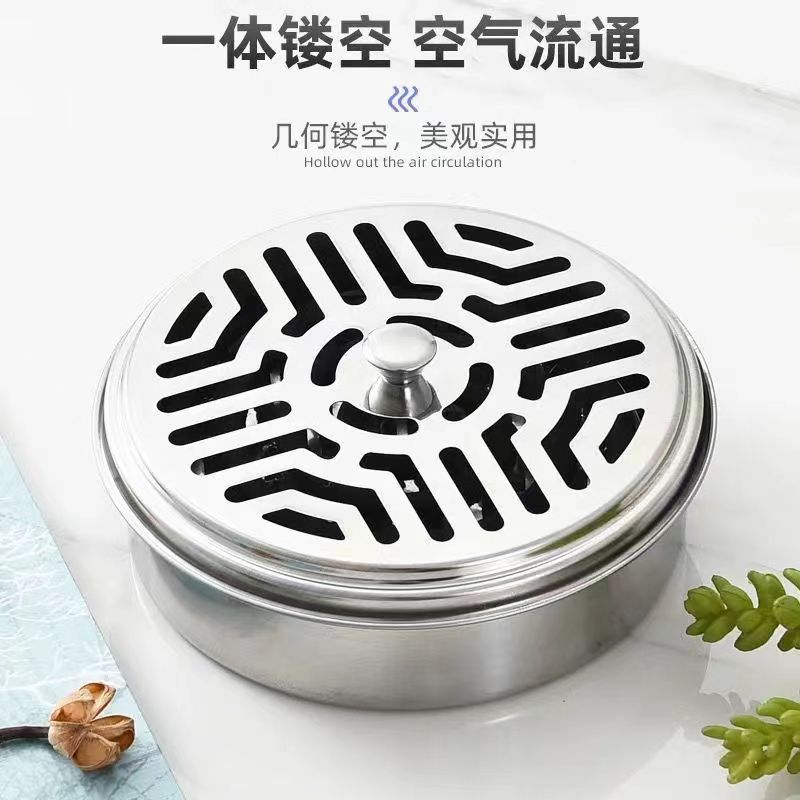 Mosquito coil tray Fireproof incense burner Stainless steel shelf tray Household creative gray tray with lid Anti-scalding outdoor mosquito coil box