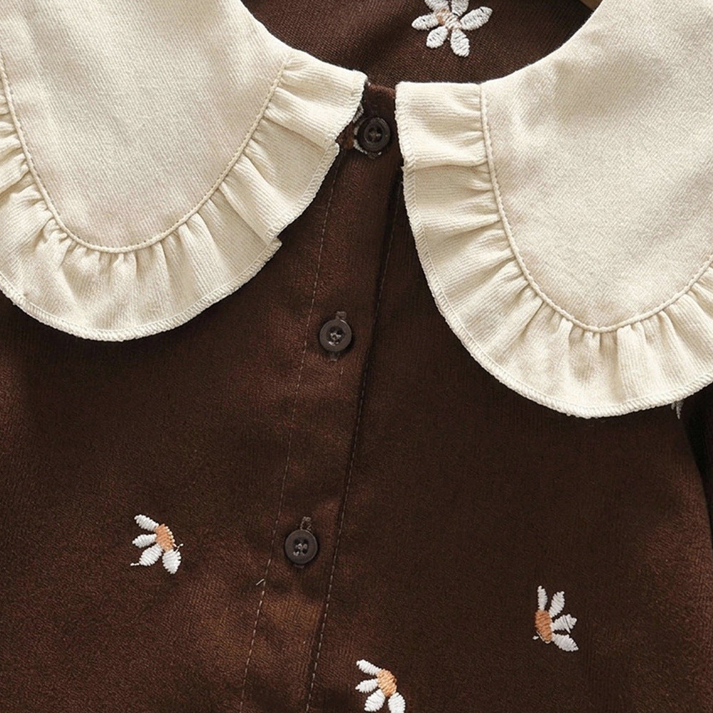 Girls' spring/autumn new set: floral embroidered peter pan collar sweet long-sleeve top and skirt two-piece outfit - cross-border children's clothing