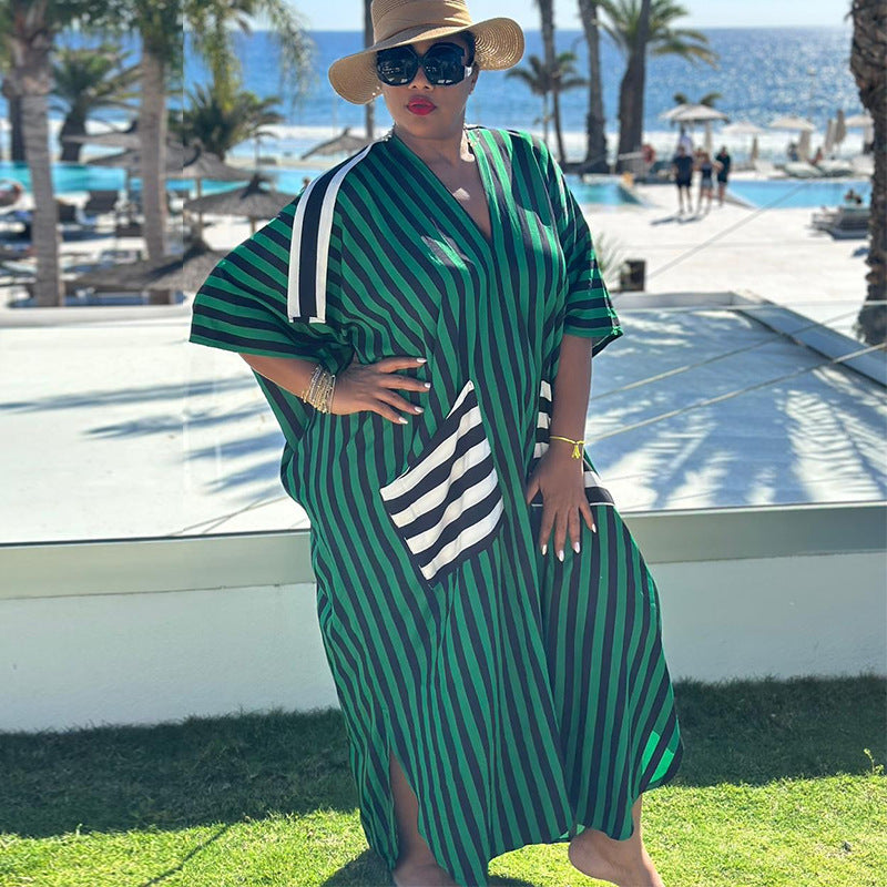 European and american cross-border women's clothing:  spring new arrival - elegant casual loose fit plus size striped long dress with large pockets