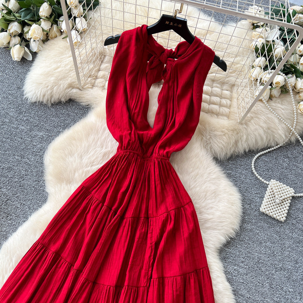 French riviera style red sexy backless maxi dress - women's summer v-neck halter neck slimming a-line elegant dress