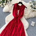 French riviera style red sexy backless maxi dress - women's summer v-neck halter neck slimming a-line elegant dress