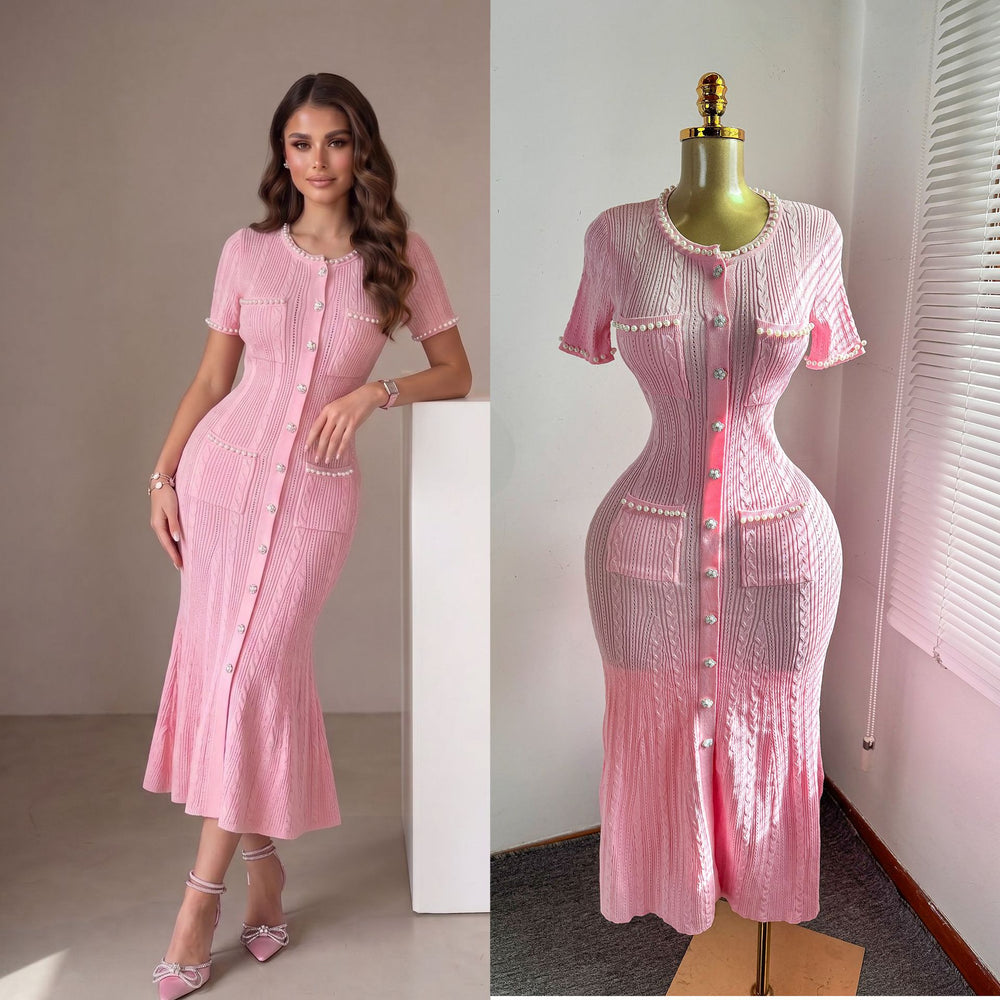 Export women's french tweed style elegance celebrity silm short-sleeved knittingdress beaded fishtail mid-length skirt