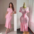 Export women's french tweed style elegance celebrity silm short-sleeved knittingdress beaded fishtail mid-length skirt