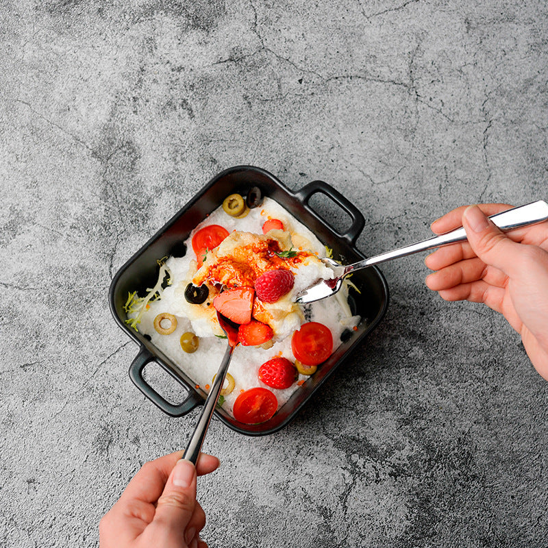 Japanese creative double-ear ceramic for home oven plate microwave oven baking dish cheese rice dish direction matte black plate