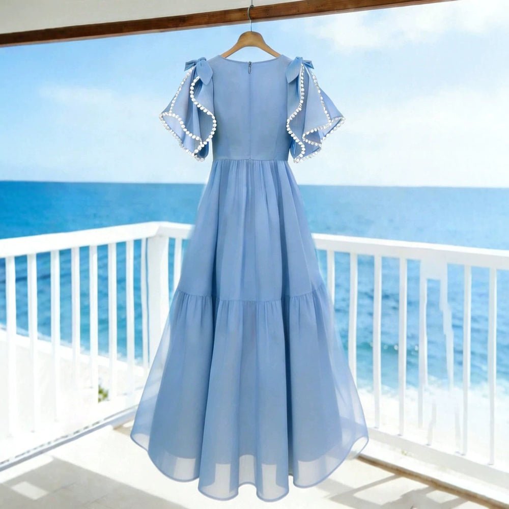 French chic beach maxi dress - v-neck, ruffle short sleeves, beaded trim, cinched waist, tiered chiffon women's dress