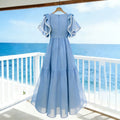 French chic beach maxi dress - v-neck, ruffle short sleeves, beaded trim, cinched waist, tiered chiffon women's dress