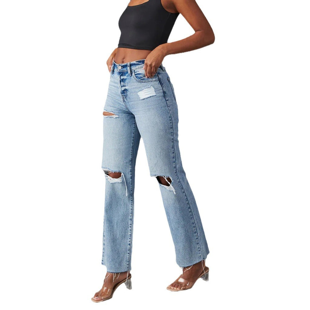 Xintang jeans women's new arrivalfashion ripped high waiststraight-legjeans washed and worn fashionjeans
