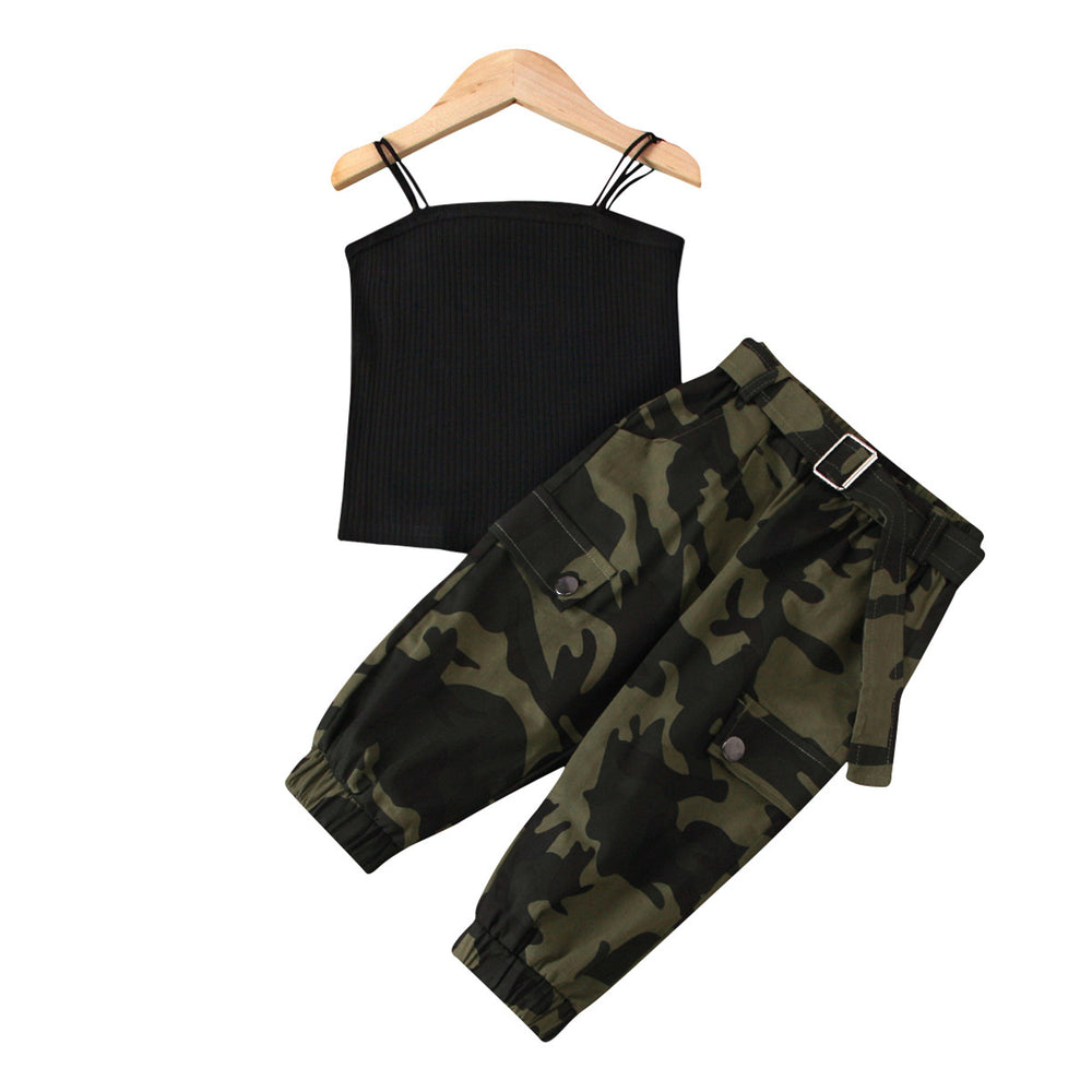 2020fashion style cross-border children's clothing pure color suspender chest-length pit strip tops camouflage pants two-piece setexport exclusive