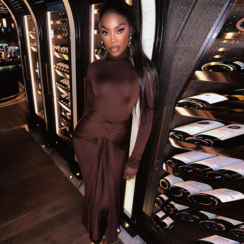 European and american style ins foreign trade women's solid color round neck long sleeve dress - mid-waist tie belt flowy elegant dress