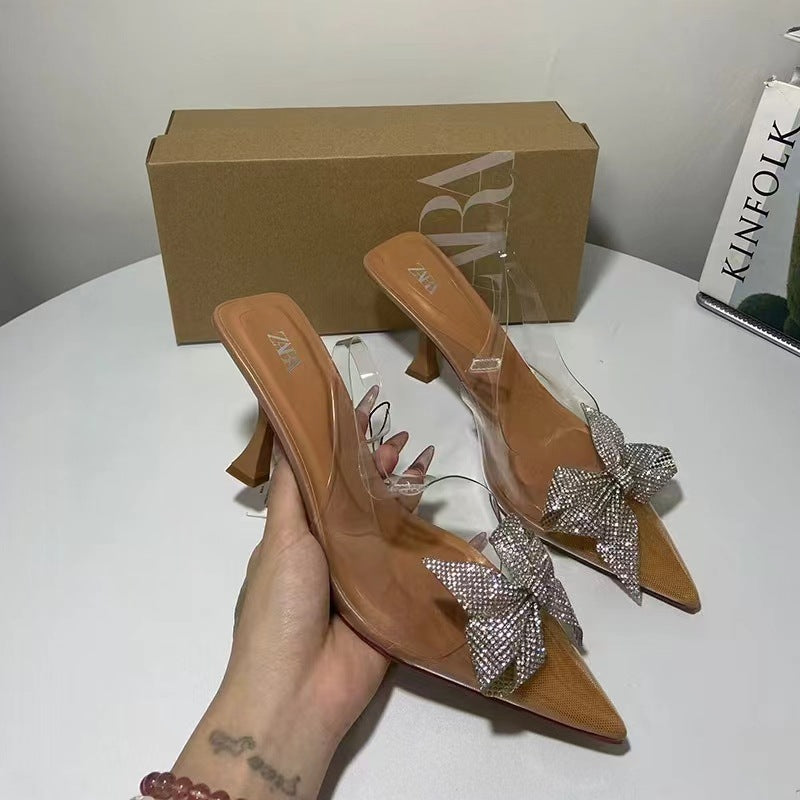 Za summer new women's shoes natural color french crystal slingback high heel transparent mules pointed toe bow sandals