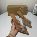 Za summer new women's shoes natural color french crystal slingback high heel transparent mules pointed toe bow sandals