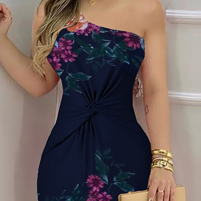 european and american style new summer collection: navy blue fashionable trendy printed asymmetrical twist knot off-the-shoulder bodycon dress