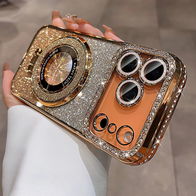 Magnetic stand suitable for iphone17 gradient glitter mobile phone case 16pro electroplated rhinestone 13 protective cover with diamonds