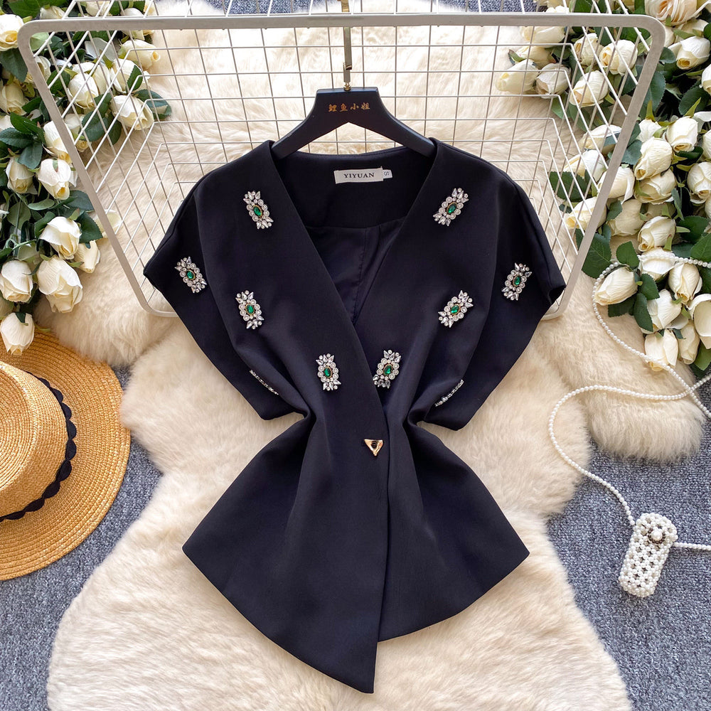 Sense of designasymmetrical heavy industry diamond-encrusted v neck short-sleeved shirt for women springniche style shawl outweartops trendy