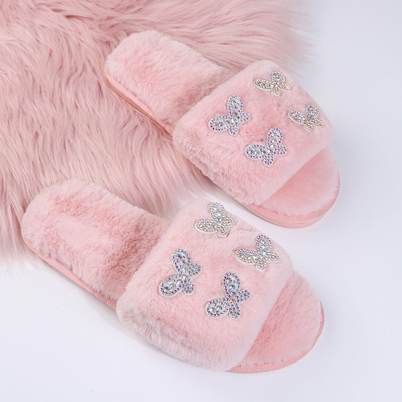 2024 new fuzzy slippers - autumn/winter butterfly slides, wholesale cotton house slippers with rhinestone embellishments, women's plush slippers for outdoor wear