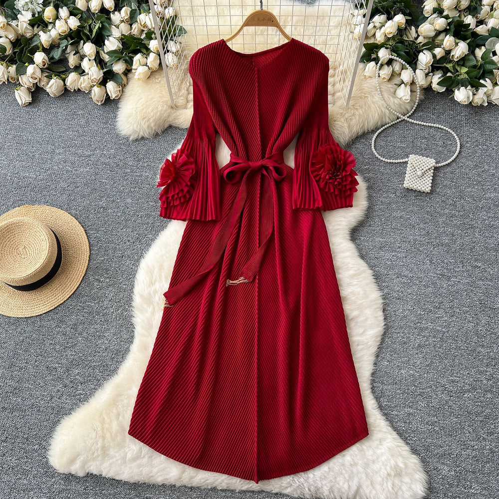 Miya fashion pleated dress female fashionable style strap waist stereo flower bell sleeve pleated long skirt