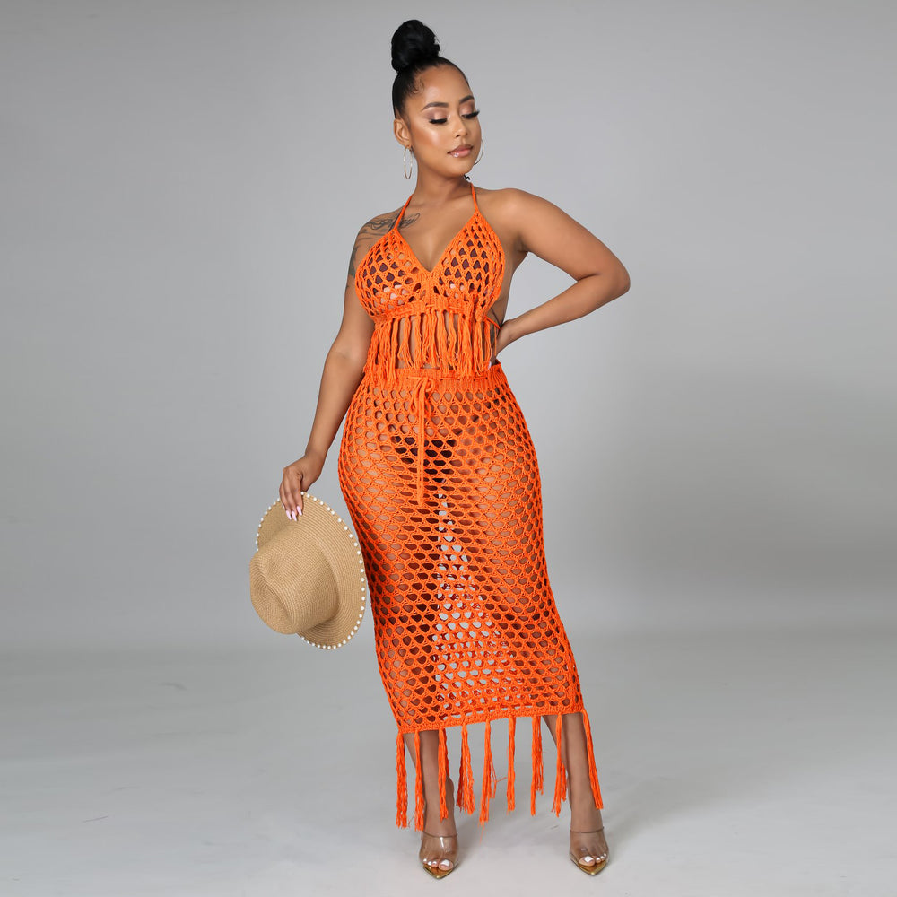 e-commerce source factory: european and american sexy women's knitted set, cutout swimsuit beach cover-up two-piece set