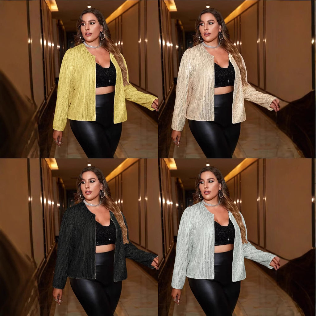 Europe, America, ,   new Xiaoxiangfeng cardigan, long-sleeved short top, sequined large-size women's coat