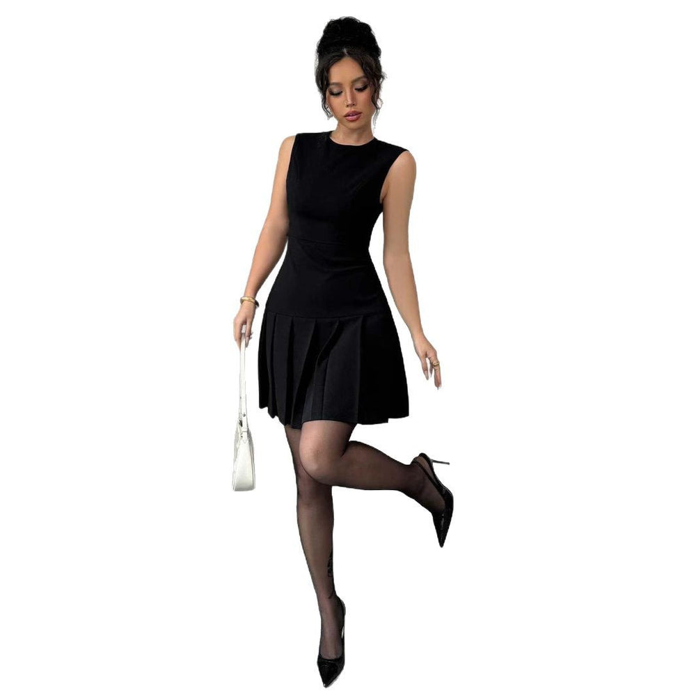 cross-border european and american style women's casual sleeveless elegant solid color ruffle mini dress - direct supply for cross-border e-commerce