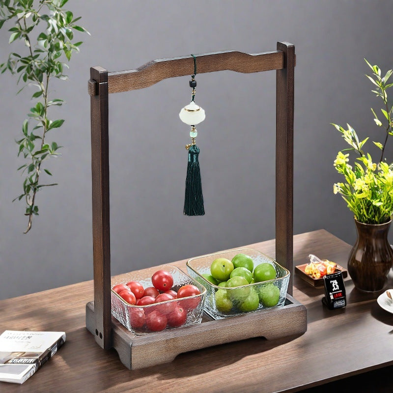 Luxury walnut wood-effect fruit & snack platter - home use, divided compartments, creative dried fruit dish, dessert glass bowl & fruit plate