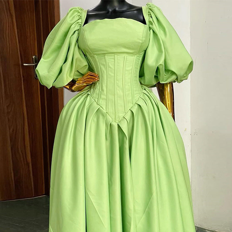 European and american cross-border women's clothing:  summer new arrivals - sweet and fresh square neck backless tie-up lantern sleeve cinched waist dress