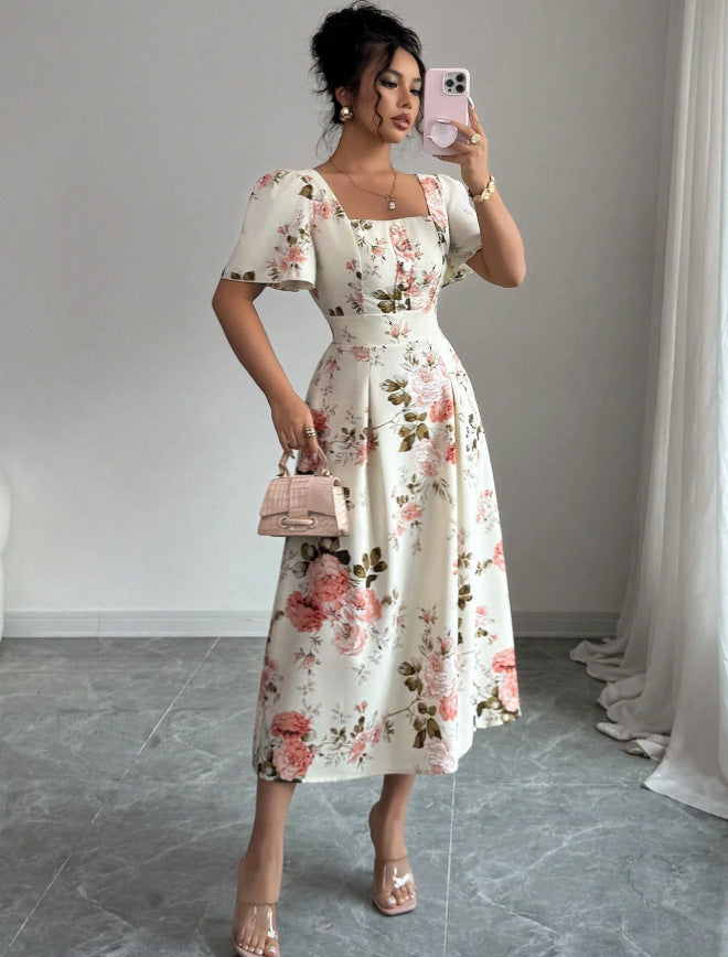 new european and american summer collection: french-style printed square neck bubble sleeve dress with cinched waist