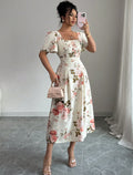 new european and american summer collection: french-style printed square neck bubble sleeve dress with cinched waist