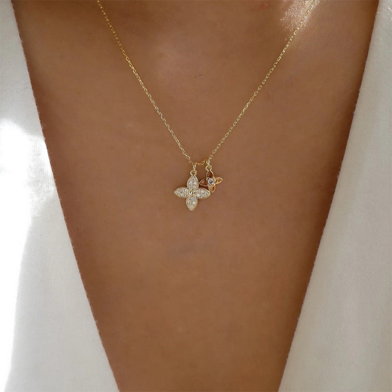 Wholesale diamond-encrusted choker necklace - european & american cross-border jewelry, minimalist versatile alloy flower pendant necklace for women, sweater chain