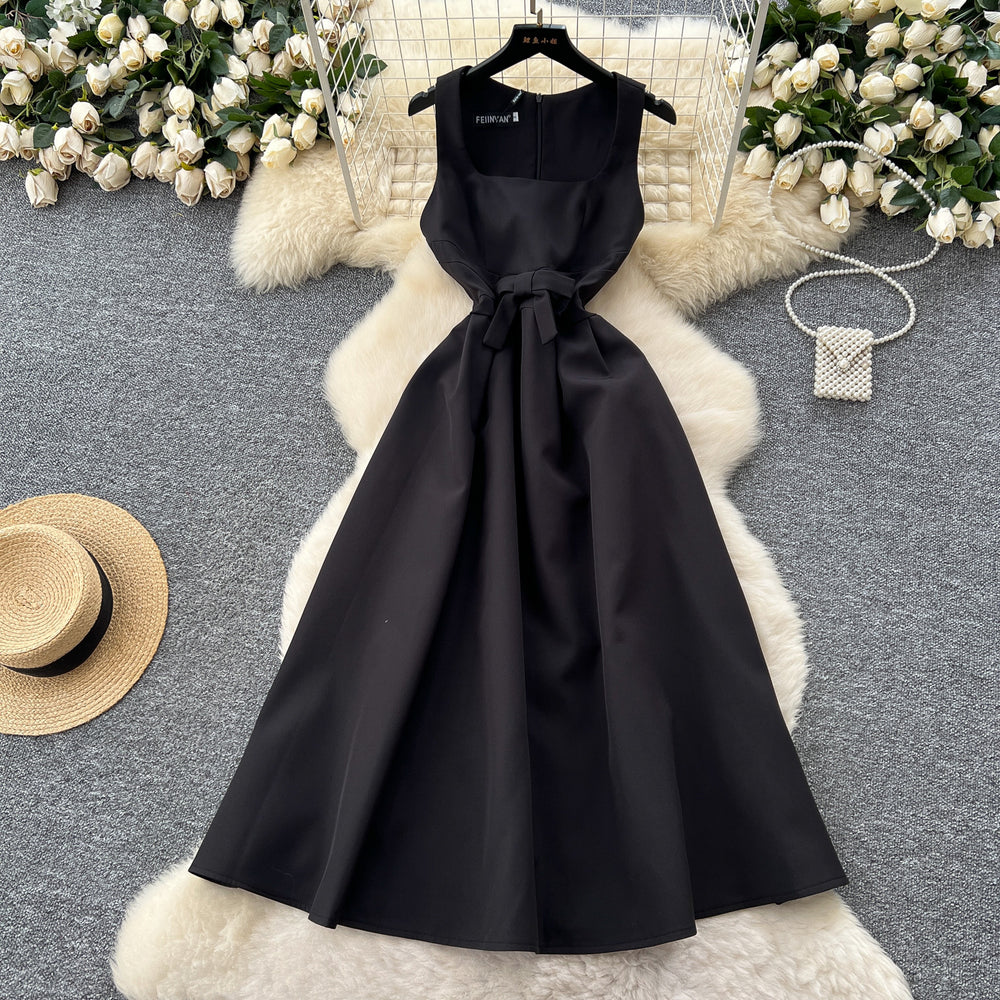 French chic sleeveless square neck dress - summer edition: butterfly knot waist, slimming, elegant hepburn style maxi dress