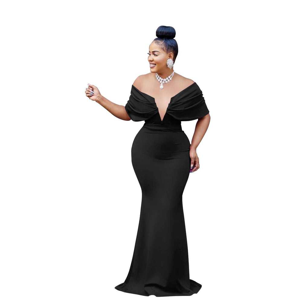 C6587 cross-border   fashion women's solid color off-the-shoulder deep v backless mermaid prom dress