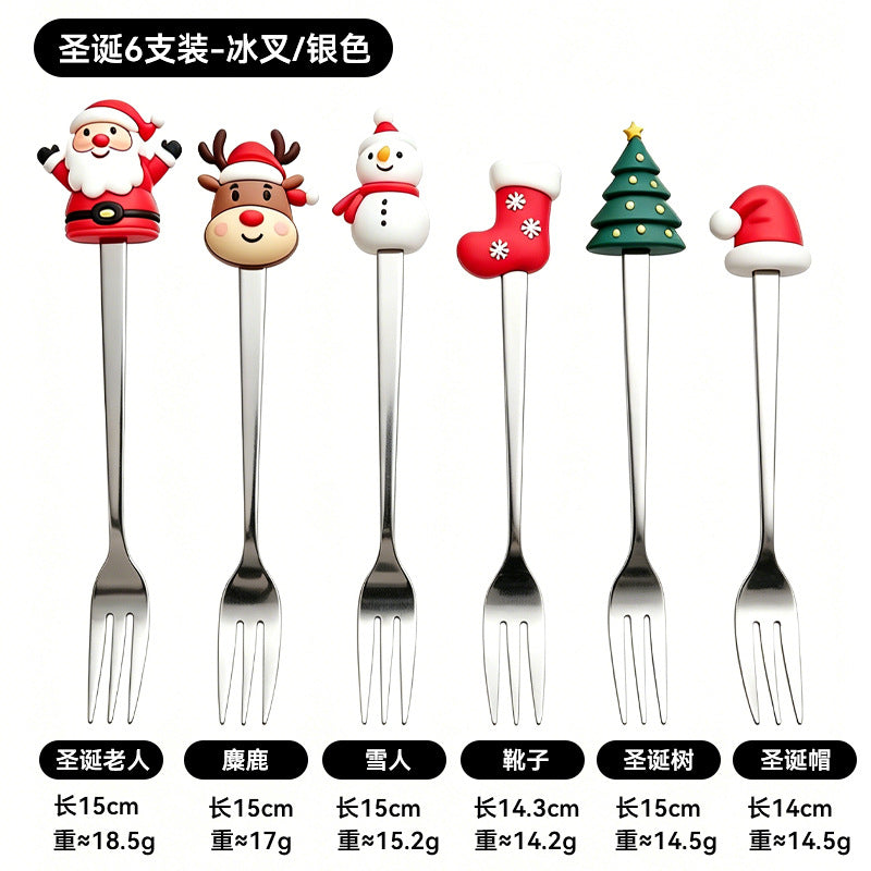christmas cartoon cutlery gift box stainless steel silicone head spoon fork coffee spoon fruit fork cross-border set wholesale