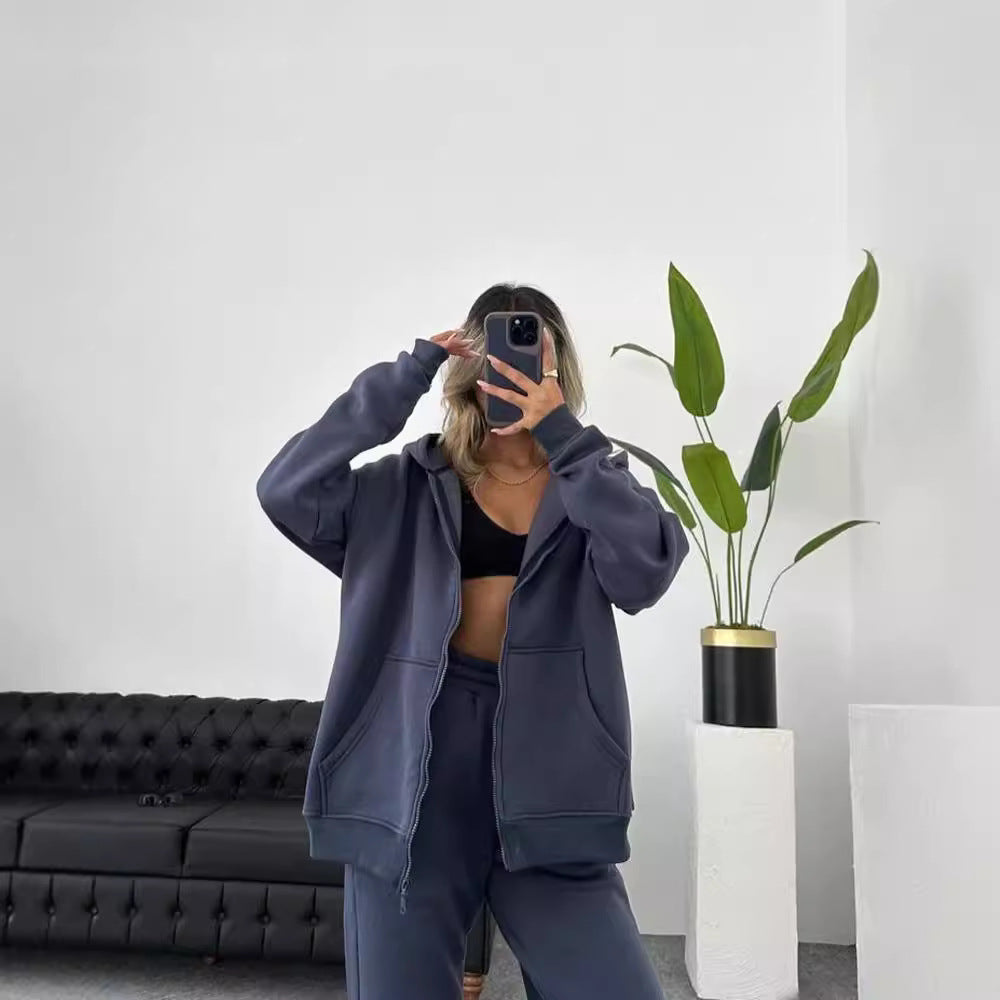 European and American independent station  autumn and winter  women's clothing fashion long-sleeved hooded sports cardigan casual trousers set