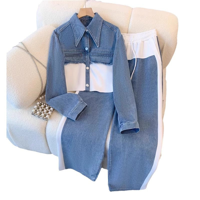 Denim patchwork fashion casual set - new spring/autumn long sleeve top + wide leg pants two-piece outfit