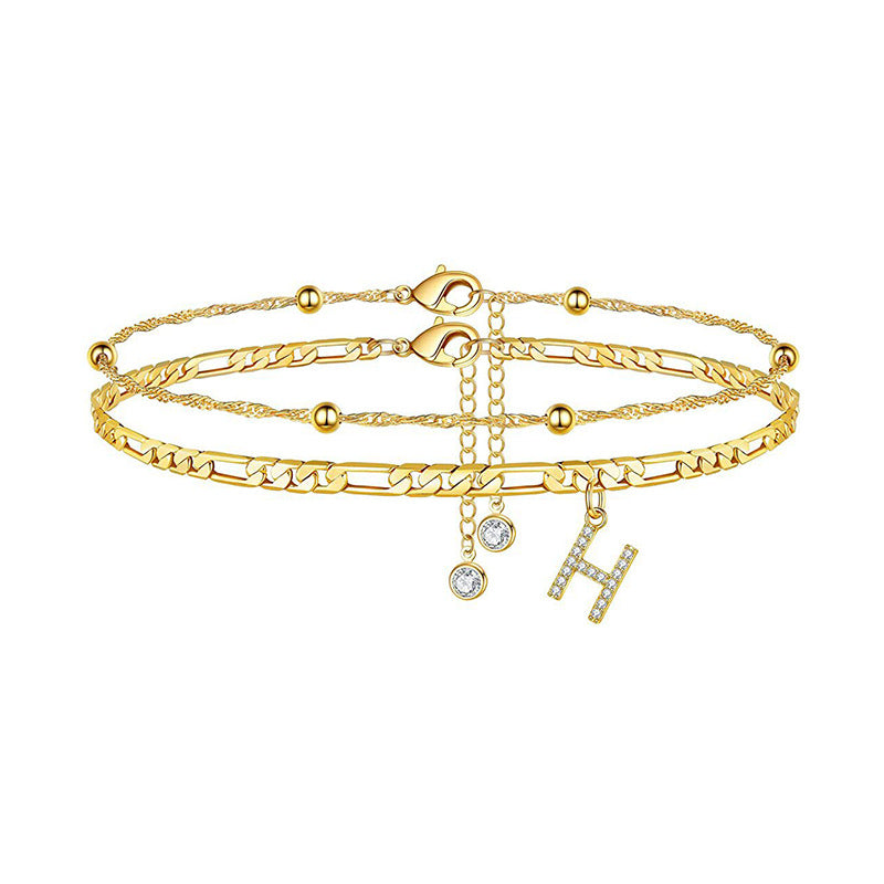 export hot-selling 26-letter anklet, zircon letter anklet, minimalist fashion seed bead cuban double-layer anklet
