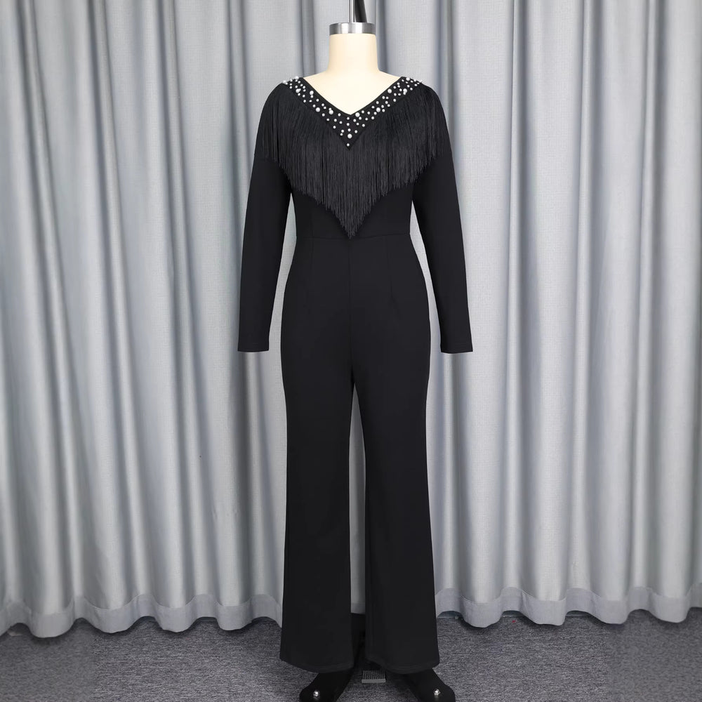 Black long-sleeve tassel jumpsuit v-neck beaded bodycon party slimming romper jumpsuits