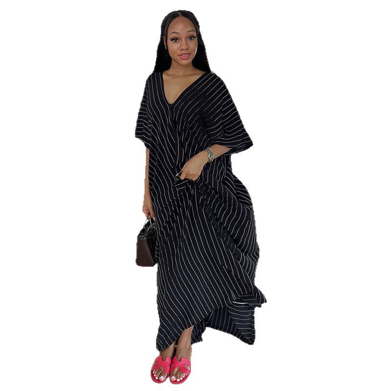 European and american women's clothing  autumn new sweet and fresh striped v-neck batwing sleeve loose waist maxi dress