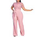 D509 european and american style  sexy lace trim cutout short sleeve tie-up high waist wide leg jumpsuit - wholesale