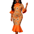 fashion daisy print dress - bow accent, flared sleeves, slim fit mermaid tail evening gown