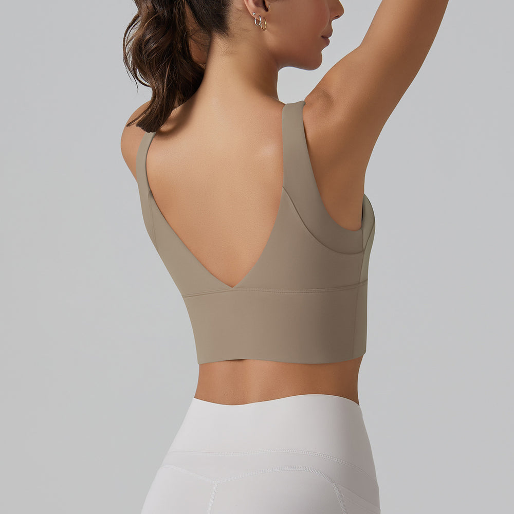 New arrivalnude yoga sports brasexy deep v beautiful back fixed all-in-one cup sports intimates fitness vest women