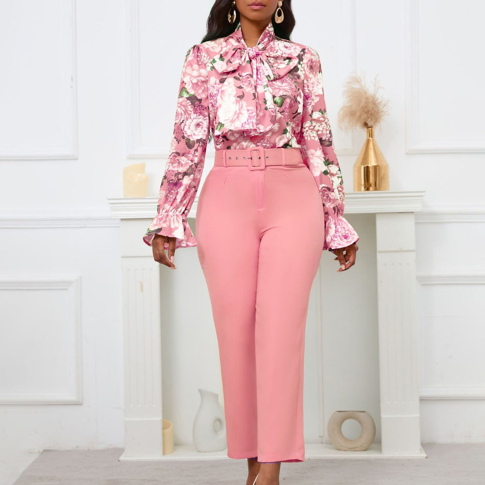D457  fashion new arrivalfashionprinting strappy long-sleeved topshigh waist trousers casual pants exportsuit