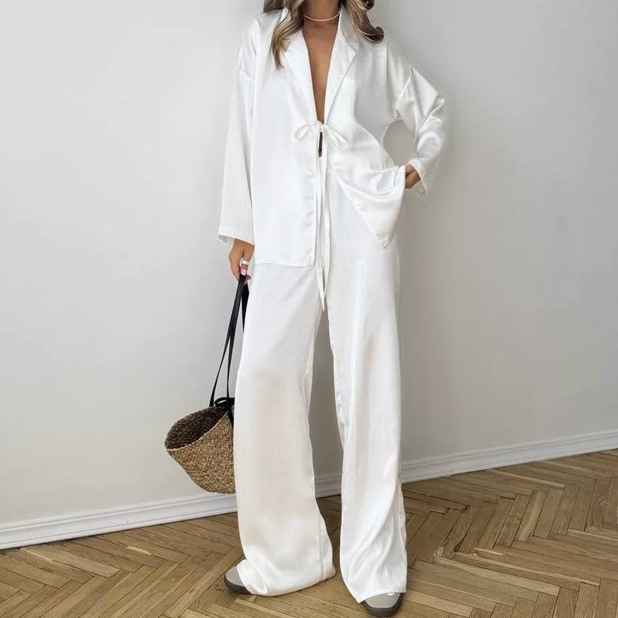 Europe, America,  hot design sense loose satin lace-up long-sleeved cardigan trousers two-piece set home out