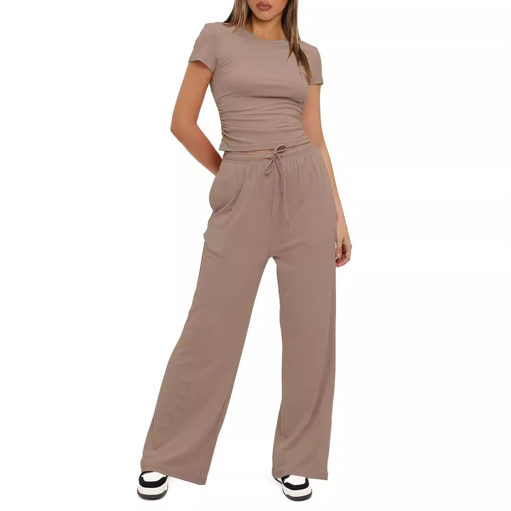 2024 european and american amazon new arrival: solid color casual set - ruched short sleeve top & high-waisted wide leg pants tracksuit