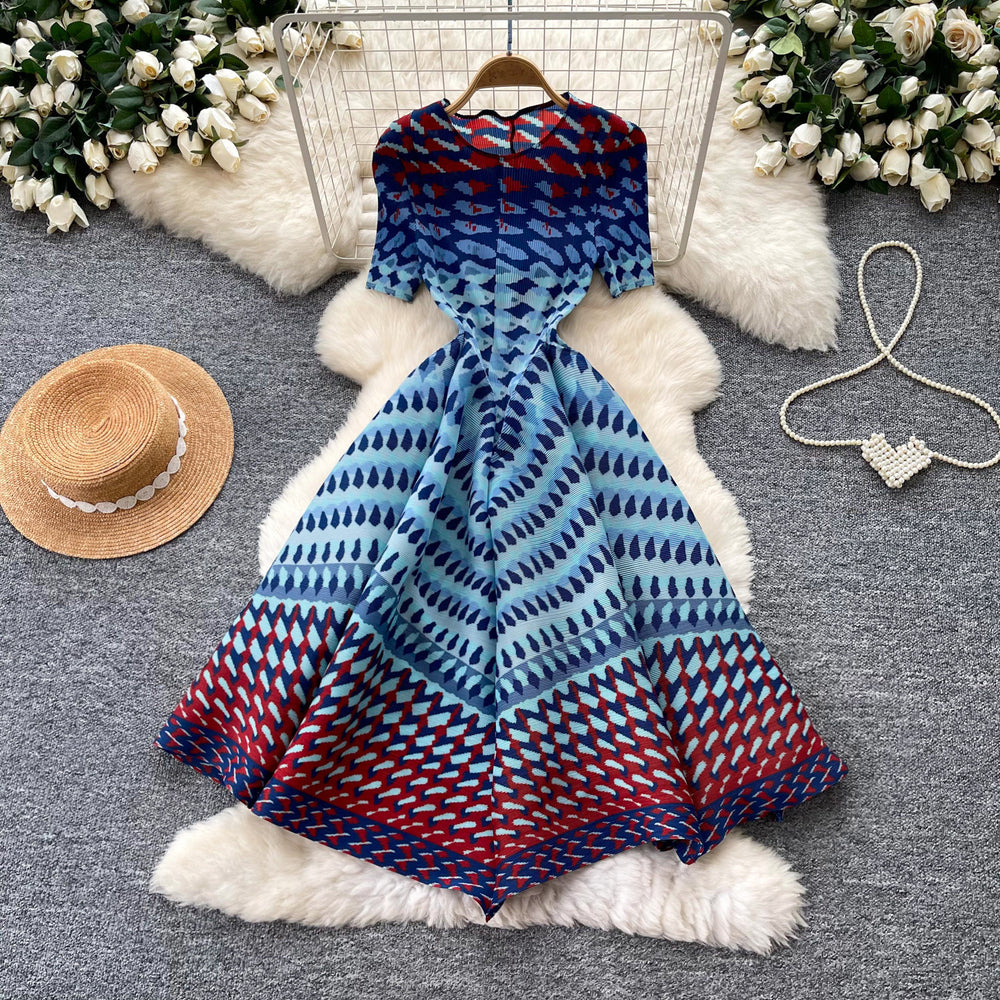 Korean style geometric print a-line dress - women's summer short sleeve, minimalist, versatile, elegant, commute-friendly, plus size dress