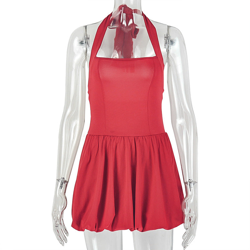 European and american style ins cross-border pure color women's backless summer a-line skirt one-line collar halter sleeveless pleated new dress