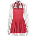 European and american style ins cross-border pure color women's backless summer a-line skirt one-line collar halter sleeveless pleated new dress