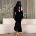 C7412 cross-border   fashion women's sexy arm sleeve long sleeve rhinestone tassel dress